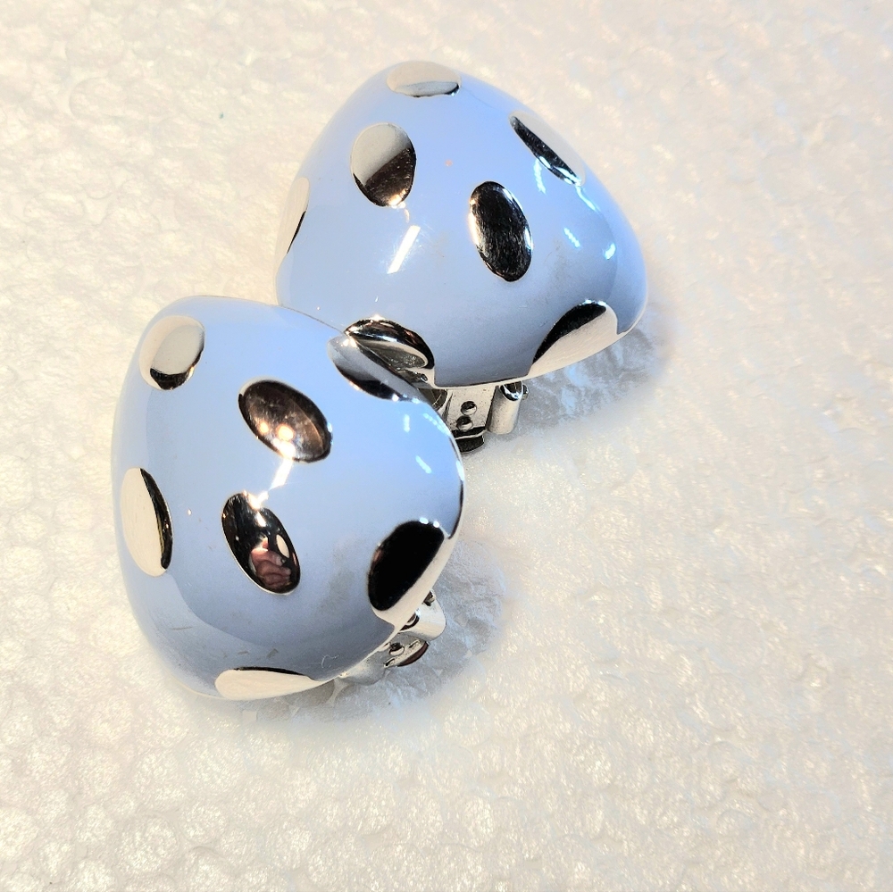 Clip On Earrings Vintage Powder Blue Enamel with Silver Tone Oval Polka Dots